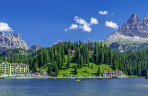 Panorama view of Tre Cime di Lavaredo from Misurina lake in Dolomites, Italy in summer