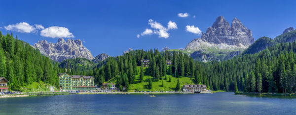 Panorama view of Tre Cime di Lavaredo from Misurina lake in Dolomites, Italy in summer