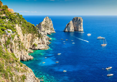 Faraglioni cliffs panorama,and the majestic Tyrrhenian sea,Capri island,Italy,Europe